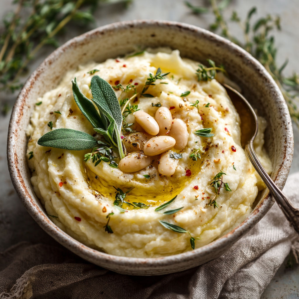 Une assiette de purée de pommes de terre avec des herbes et des graines.