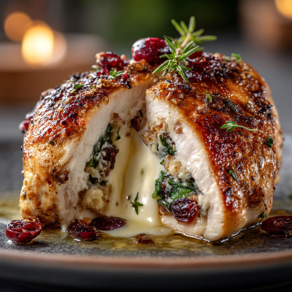 Une portion de poulet avec des herbes et des raisins.