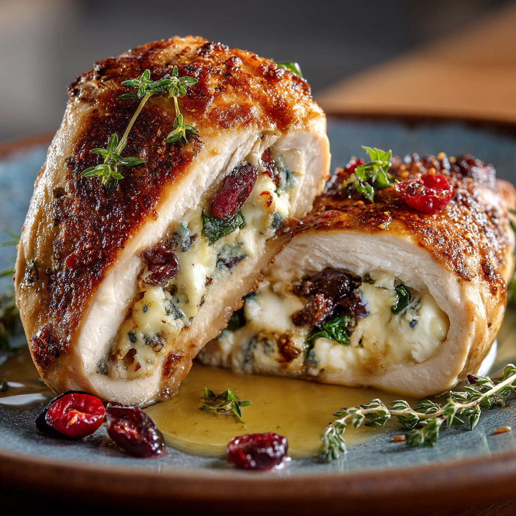 Une portion de poulet avec des herbes et des baies.