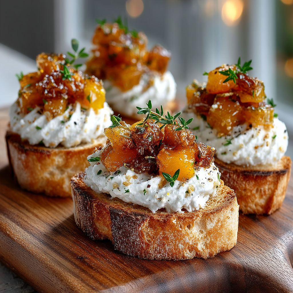 Quatre tartines de pâte avec des fruits et des herbes.