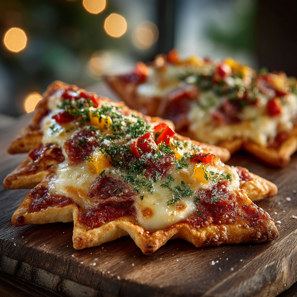 Mini pizza sapin sur une planche.