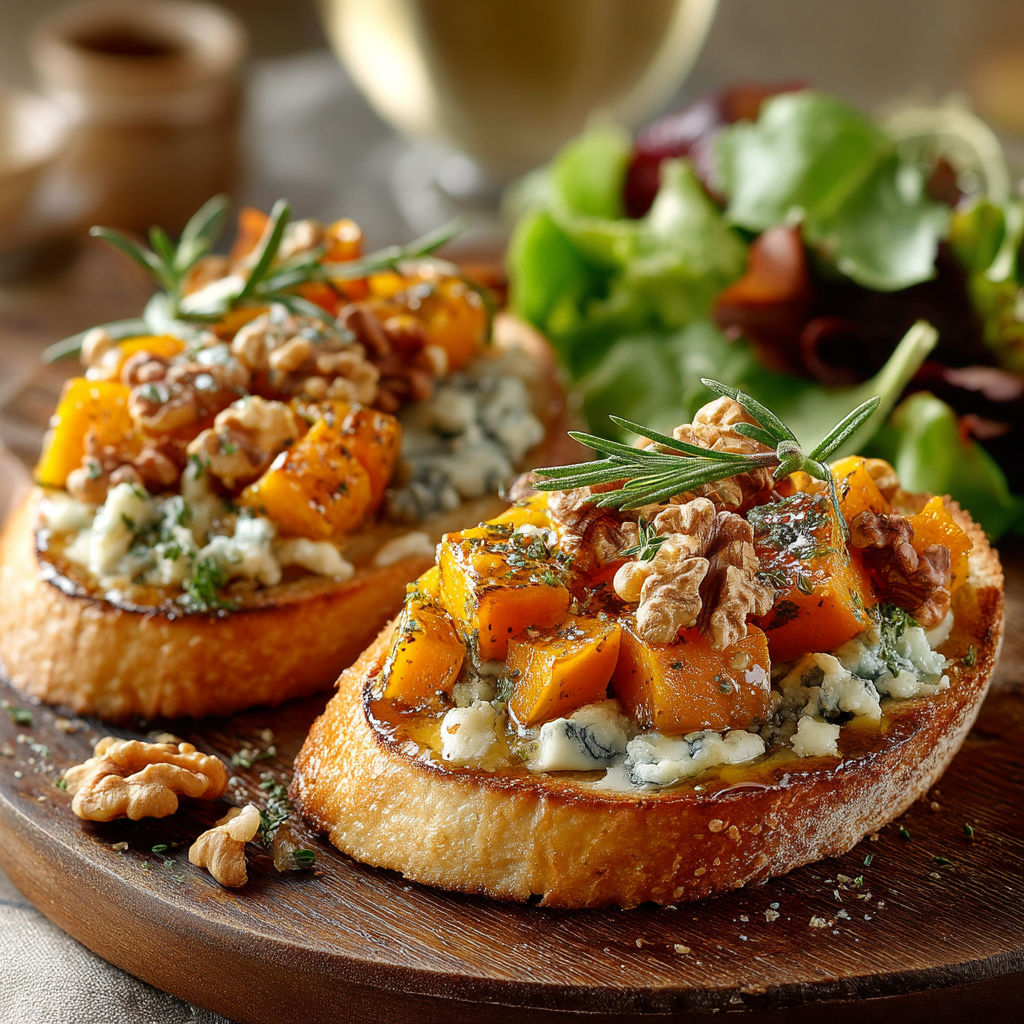 Une assiette de tartines de pommes de terre avec des herbes et des noix.