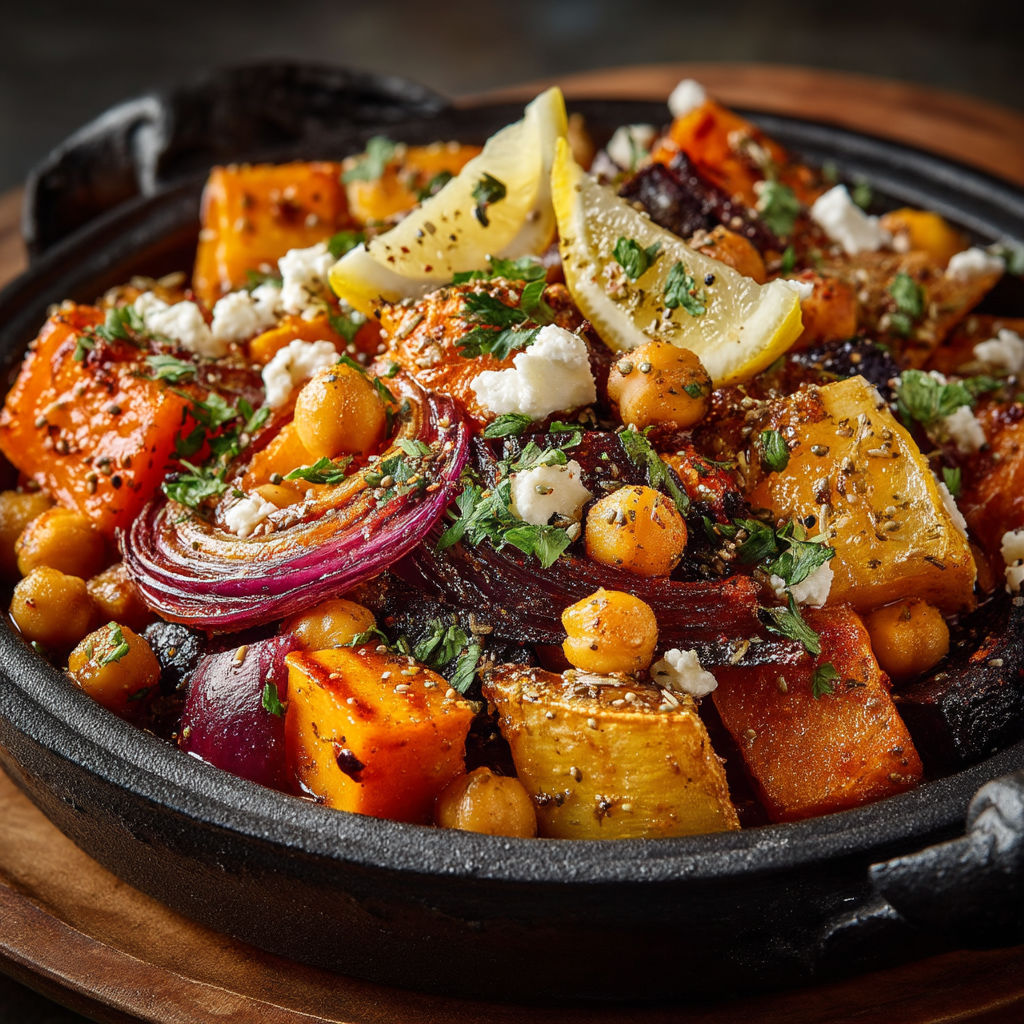 Une cocotte de légumes racines rôtis et pois chiches au miel et zaatar.