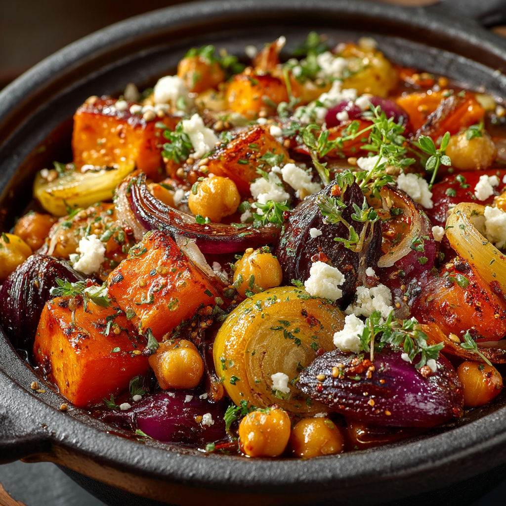 Une casserole de légumes et de graines, avec des carottes, des choux, des haricots, des épinards et des herbes.