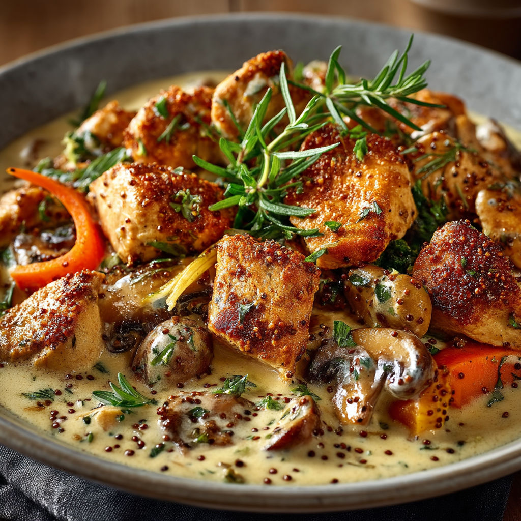 Sauté de dinde aux légumes d'automne & sauce crémeuse moutarde-estragon.