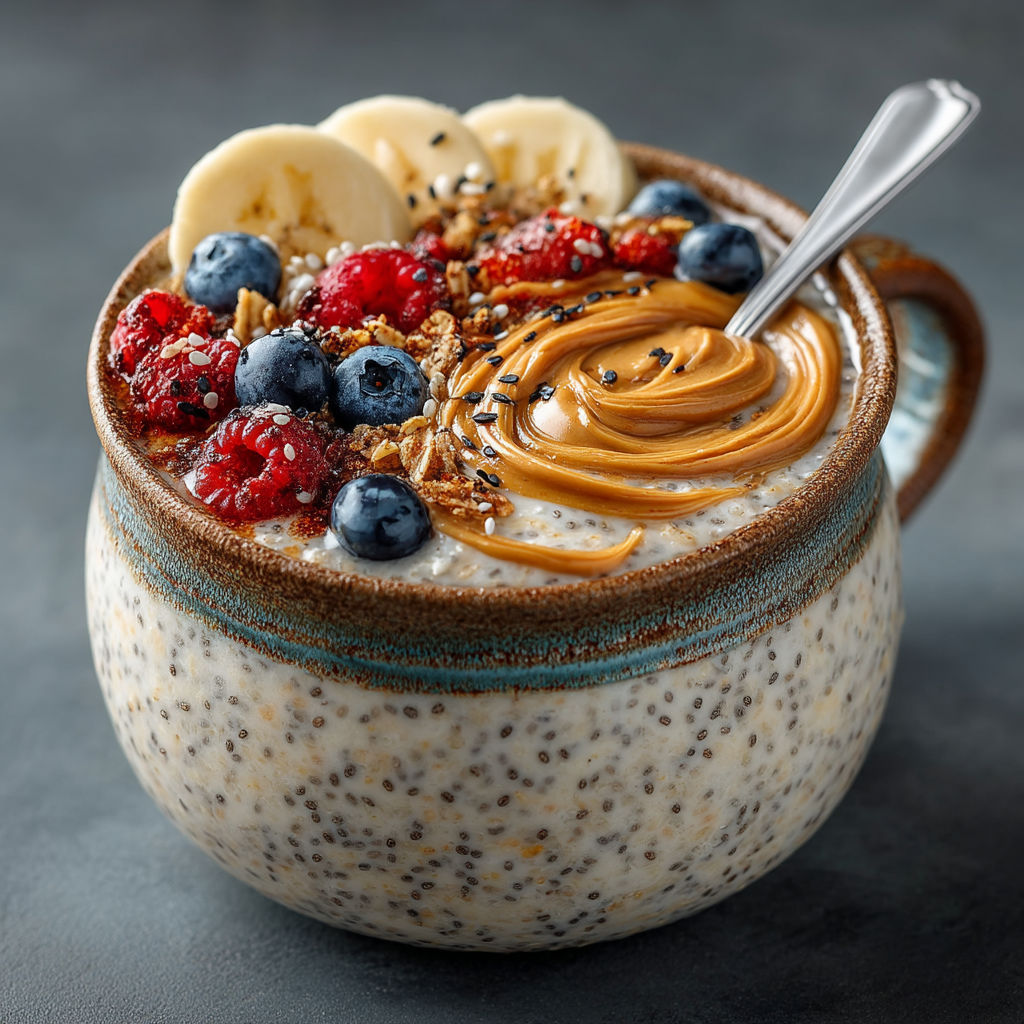 Un bol de céréales avec des bananes, des baies, des noix et du beurre d'amande.