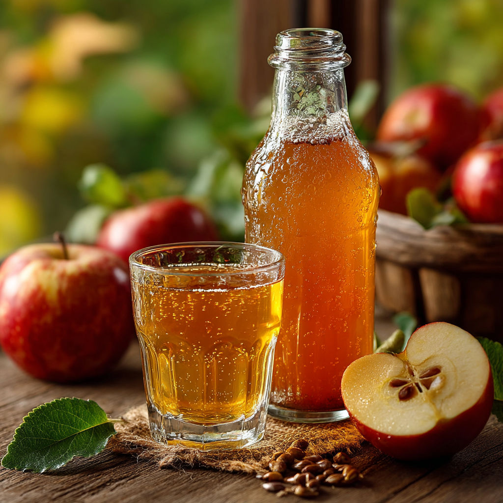 Un verre rempli de jus de pommes maison pasteurisé.