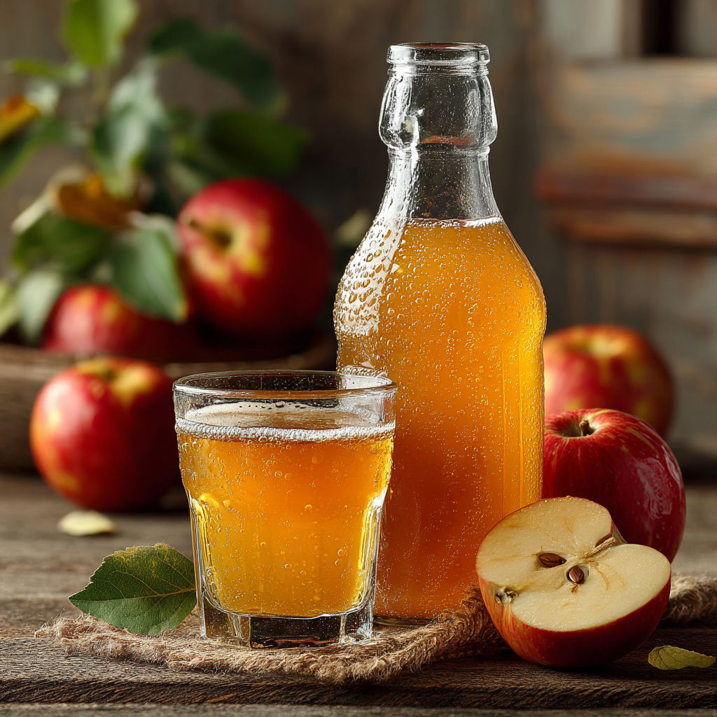 Un verre rempli de jus d'apples et une bouteille de jus d'apples.