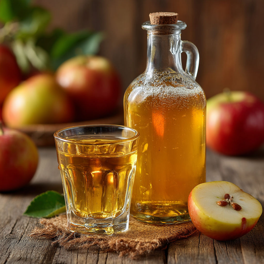 Un verre rempli de jus d'apples et un bocal de jus d'apples.