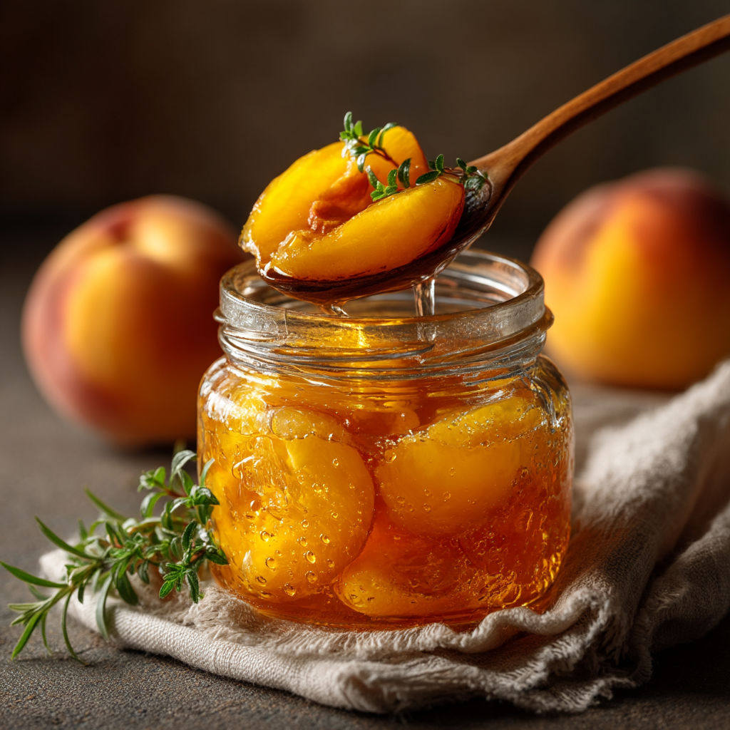 Une cuillère de jus de pêche sur une toile.