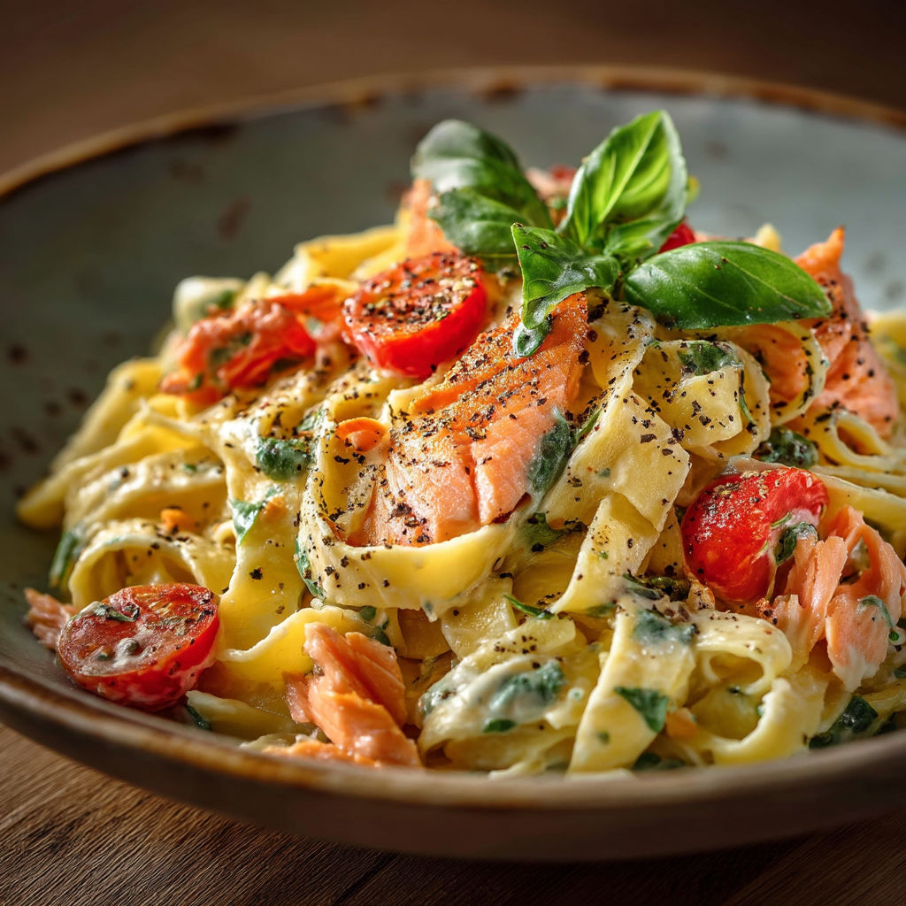 Une assiette de spaghetti avec des tomates et des herbes.