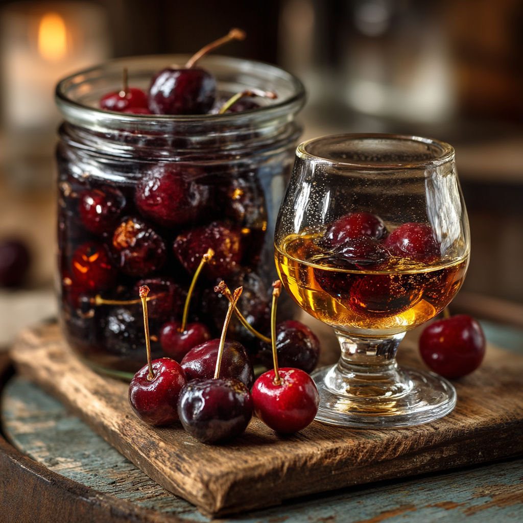 Cherries in a jar with a glass of liquor.