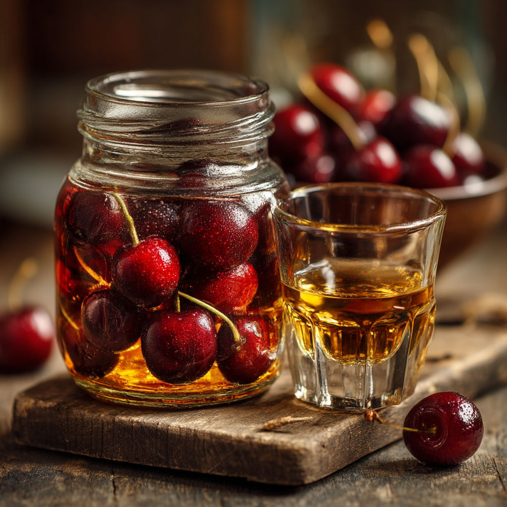 Un verre rempli de vin et une jarre de cerises.