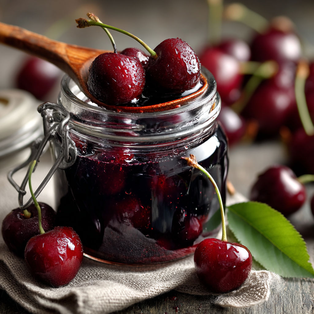 Bocaux de cerises au sirop.