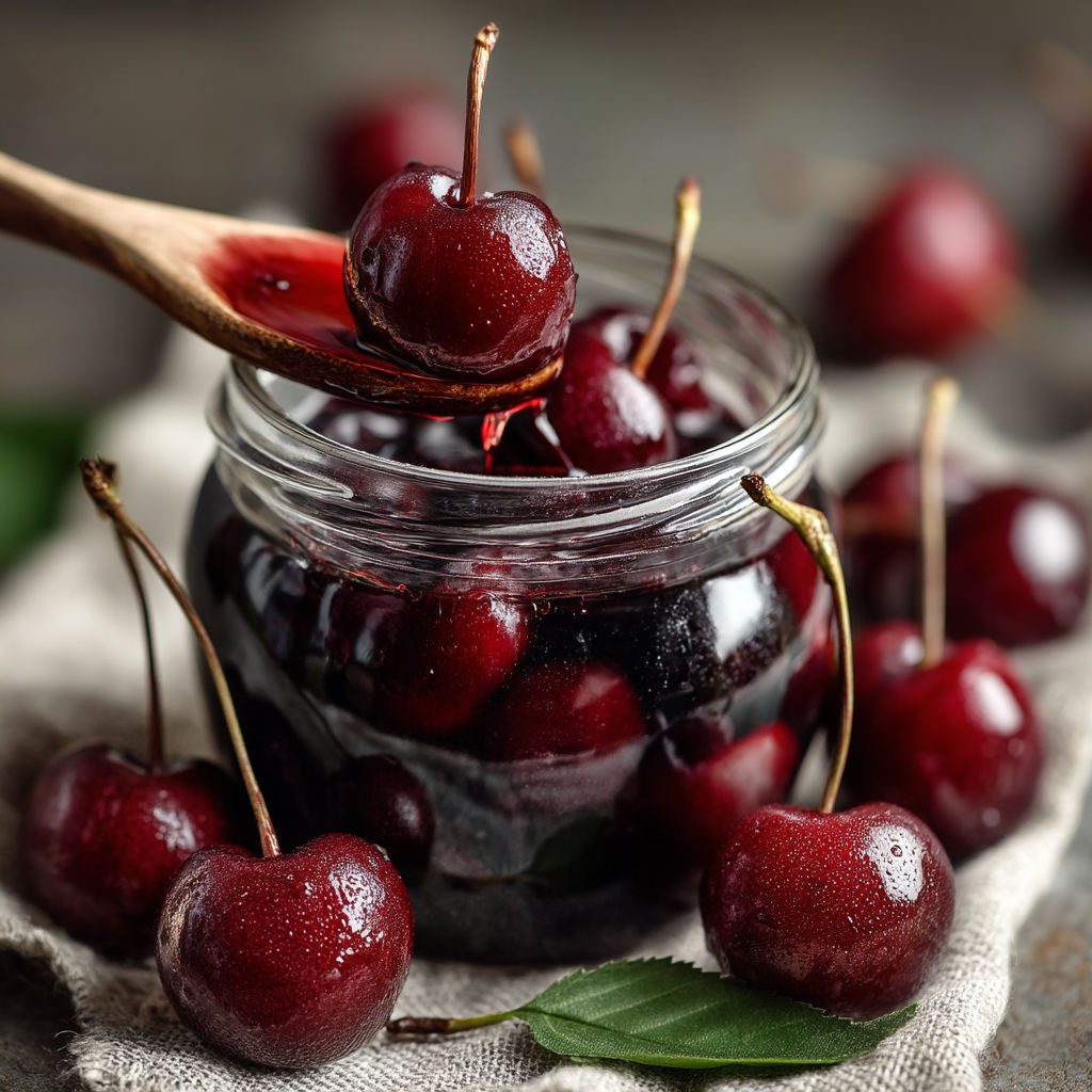 Bocaux de cerises au sirop.