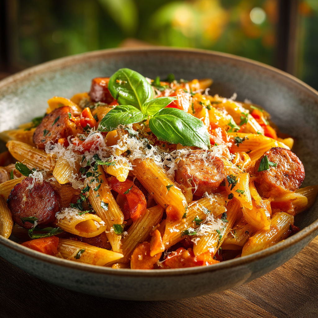 Une assiette de spaghetti avec des légumes et des sauces.