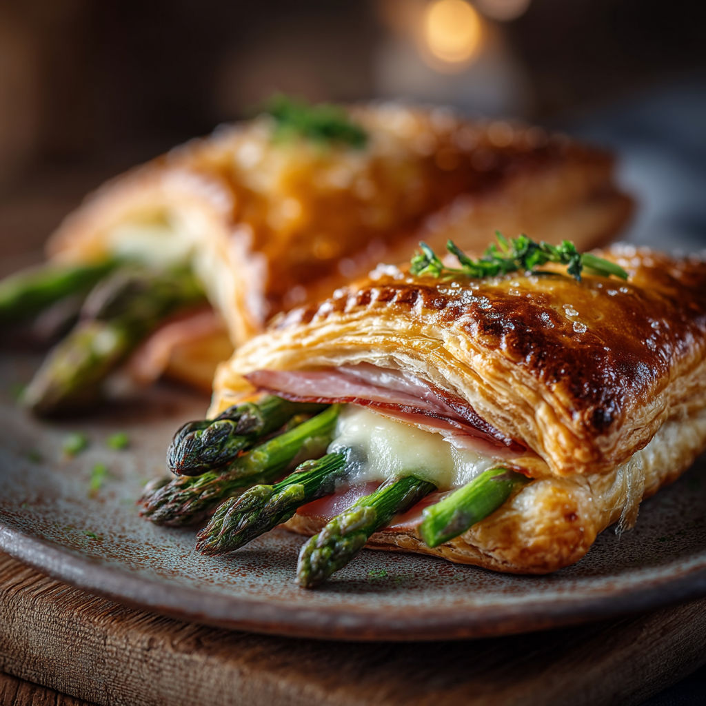 Feuilletés aux asperges sur une plaque.