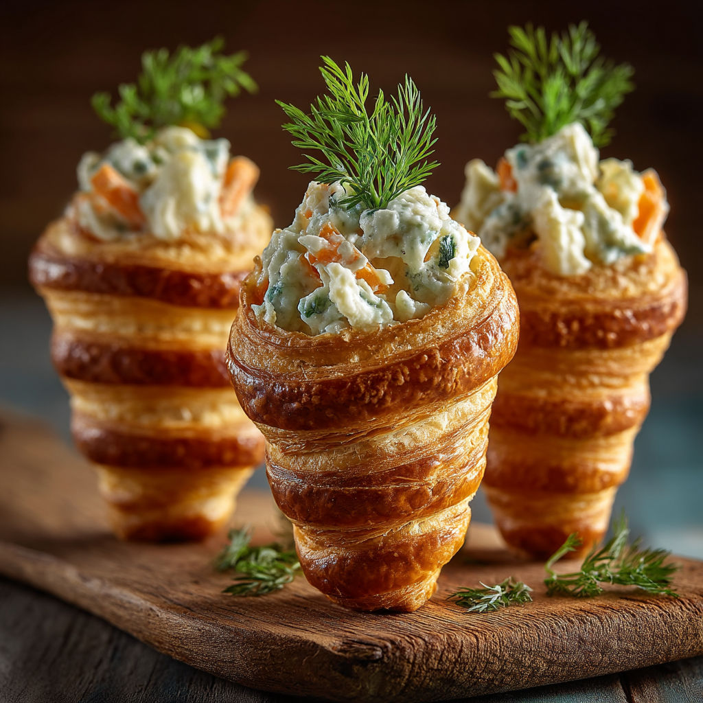 Trois mini sandwichs en forme de cones, remplis de salade et de fromage.