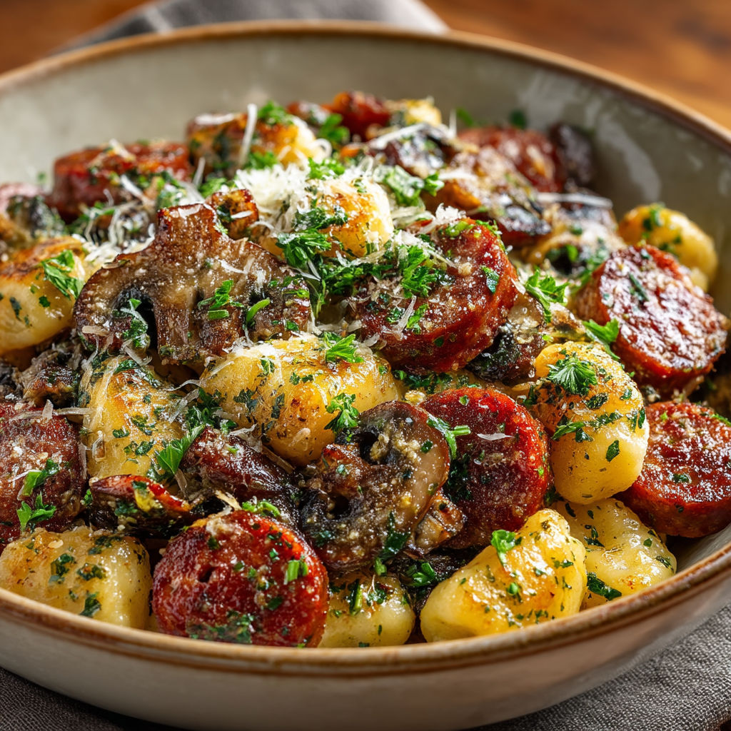 Un plat de gnocchis aux saucisses et champignons.