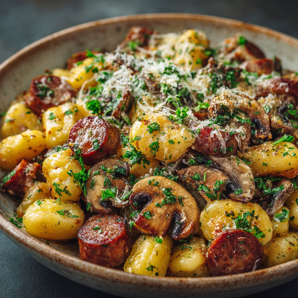 Un plat de gnocchis aux saucisses et champignons.