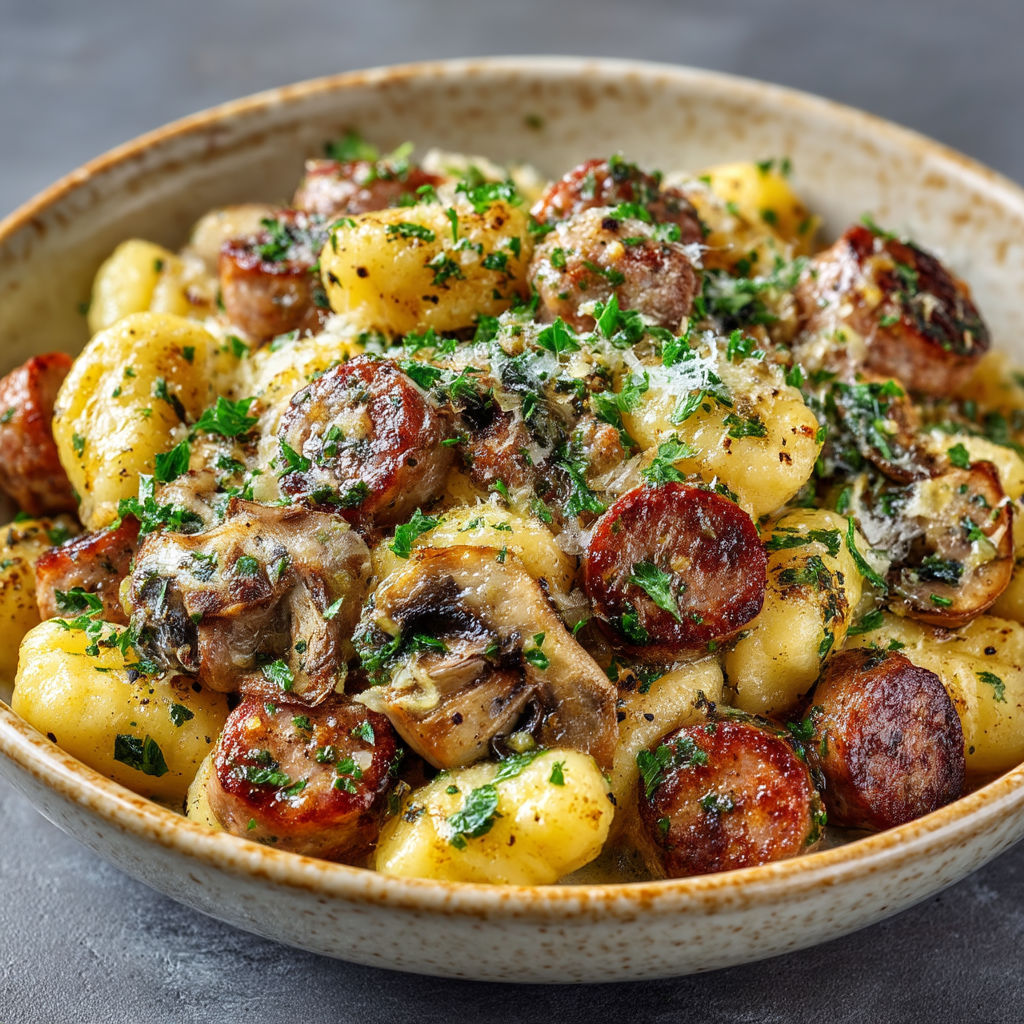 Un plat de gnocchis aux saucisses et champignons.