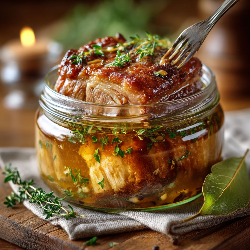 Un bocal de rôti de porc confit.