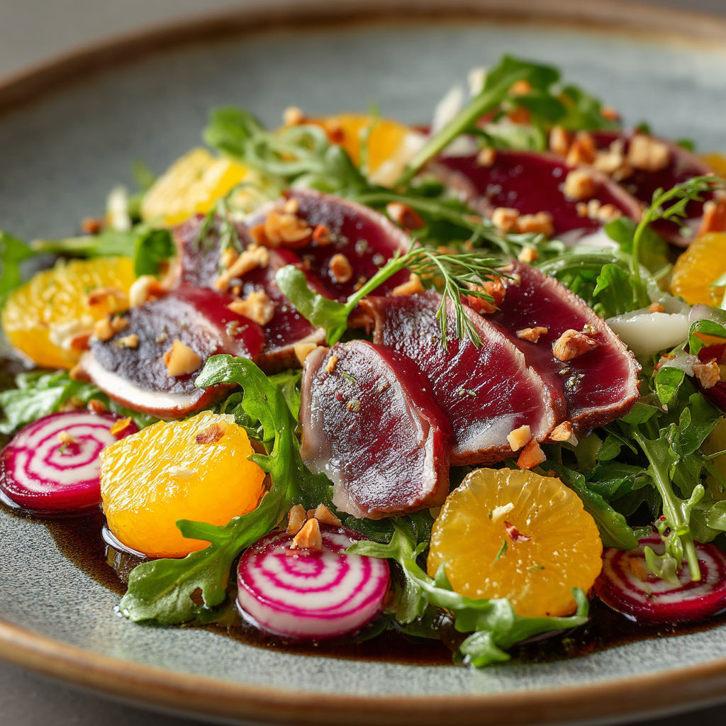 Une salade de magret séché avec des oranges et des épinards.