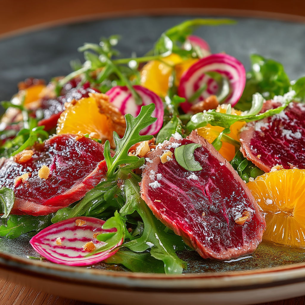 Une salade de magret séché avec des légumes et des oranges.