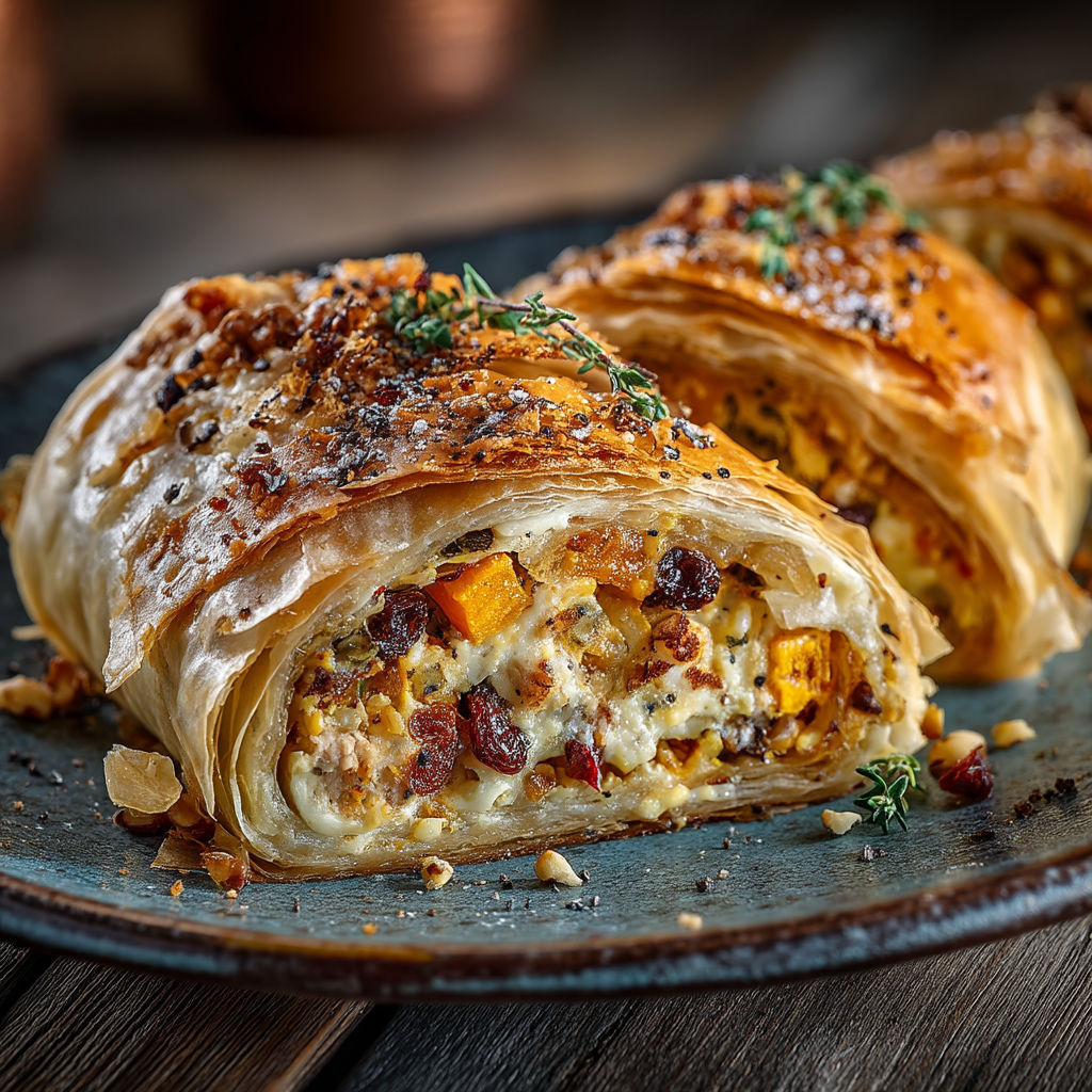 Un gâteau de pâte feuilletée avec des herbes et des légumes.