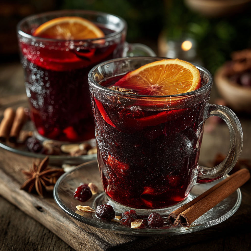 Glasses of red wine with orange slices on a table.