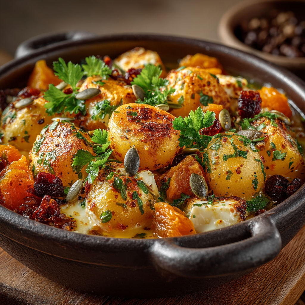 Une casserole de légumes et de viande, avec des carottes, des poivrons, des oignons et des herbes.