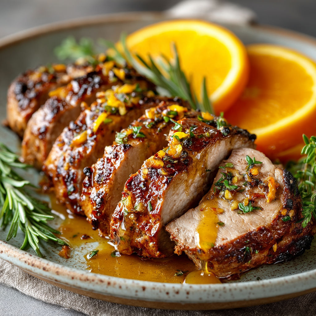 Filet mignon grillé avec des épices et des oranges.