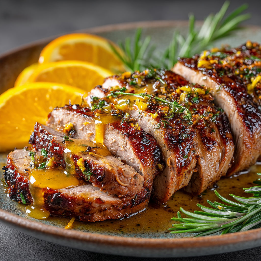 Un steak grillé avec des herbes et des citrons.