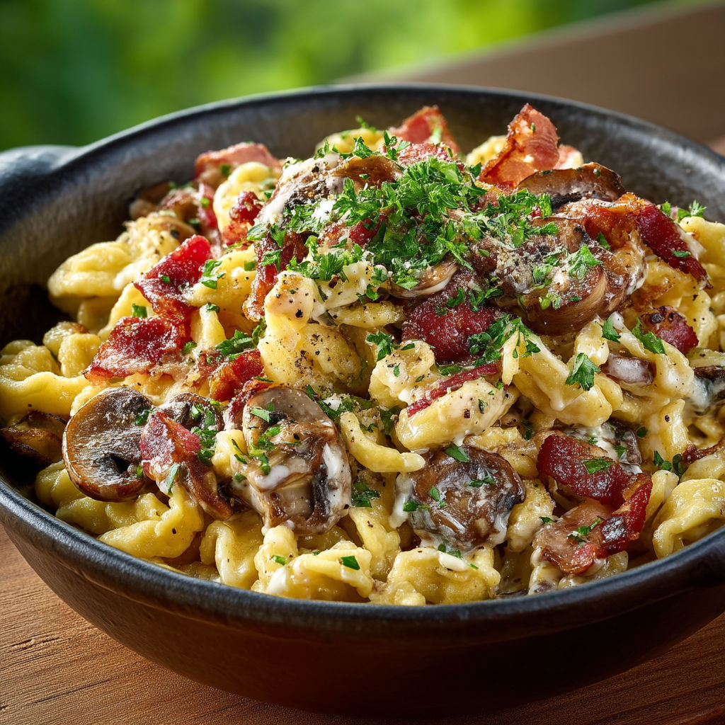 Spaetzle aux champignons et lardons.