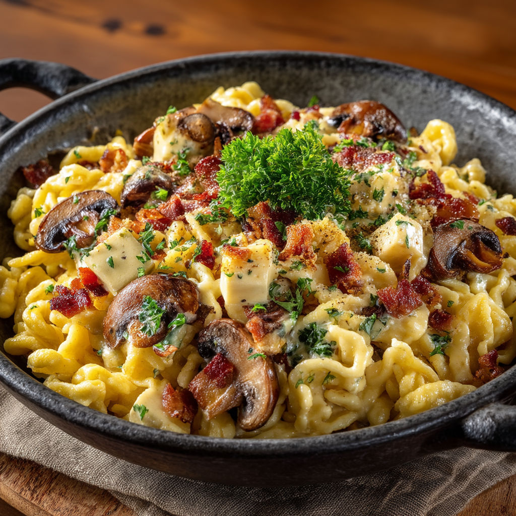 Une pâte de macaroni avec des champignons et des herbes.