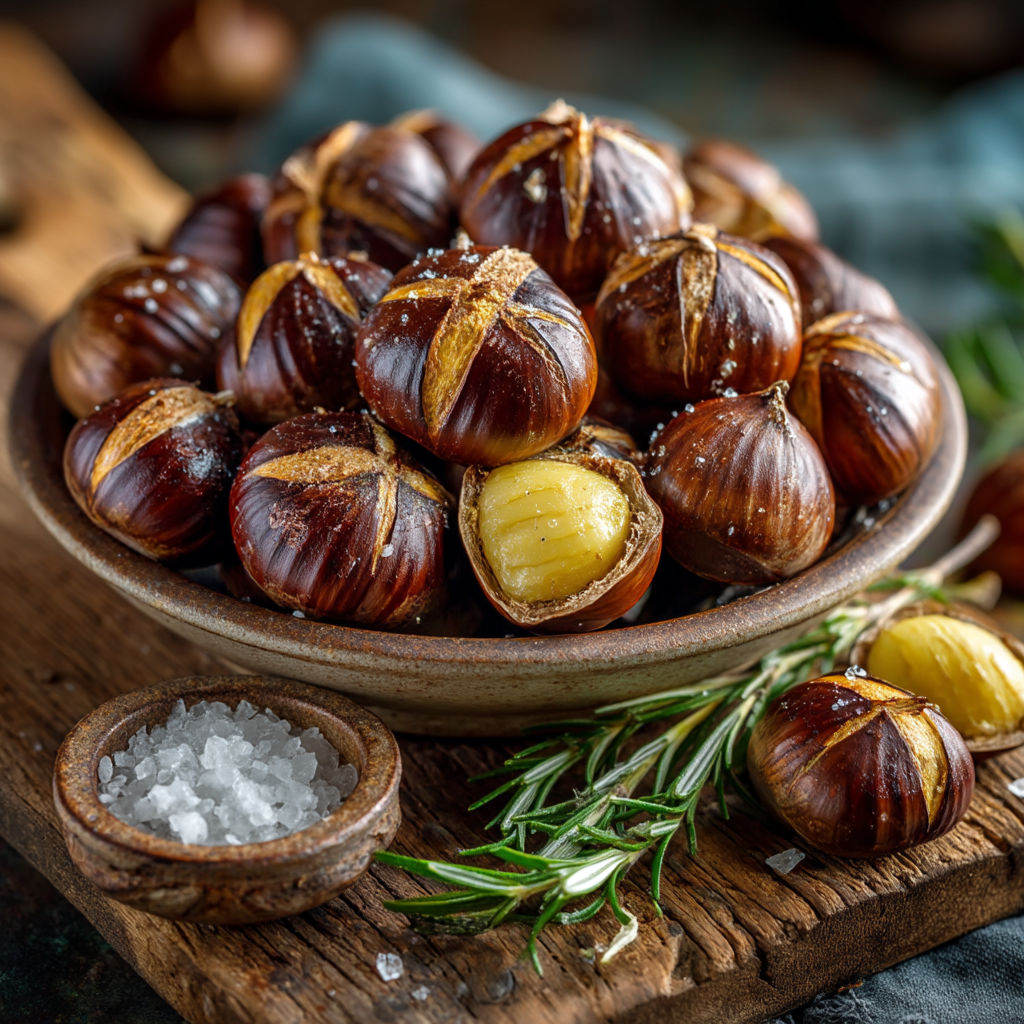 Une assiette de châtaignes grillées au air fryer.