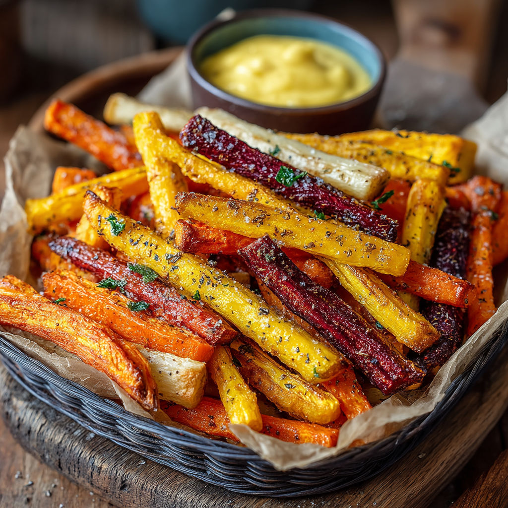 Une assiette de frites de carottes avec un bol de sauce.