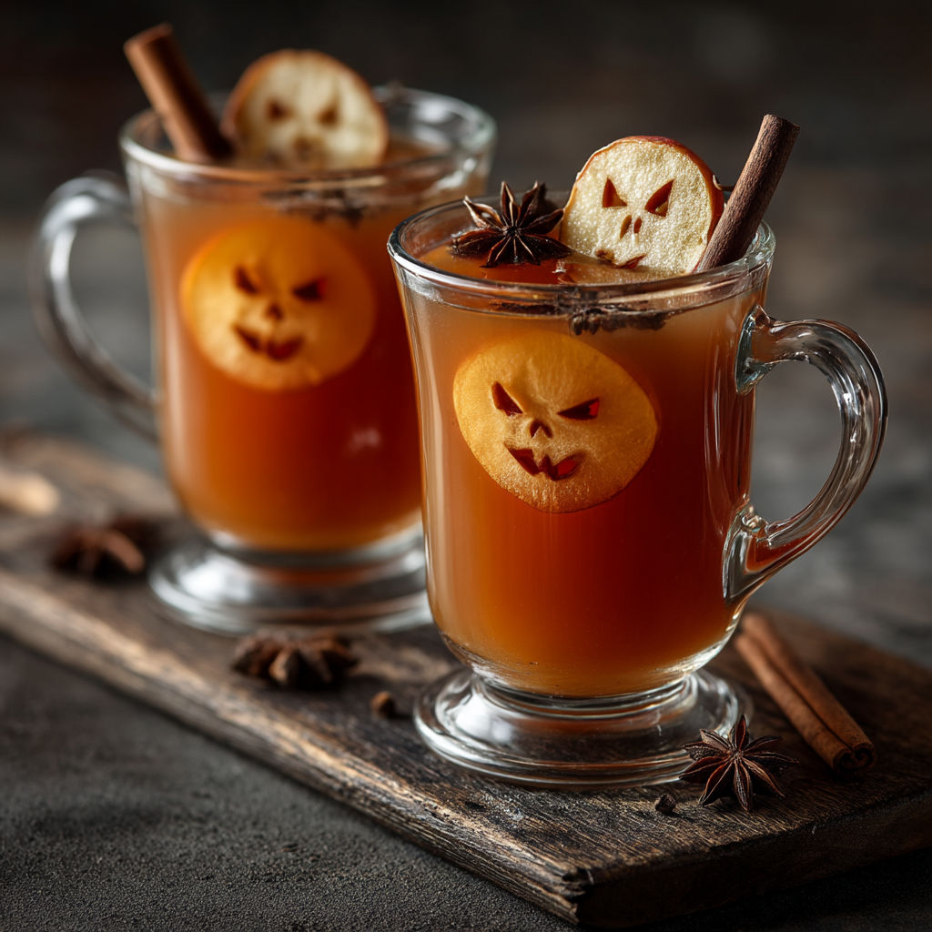Two glasses of cider with a spooky design on them.