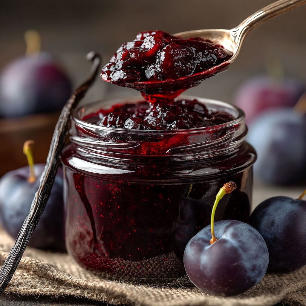 Une cuillère de confiture de cerise est versée dans un pot.