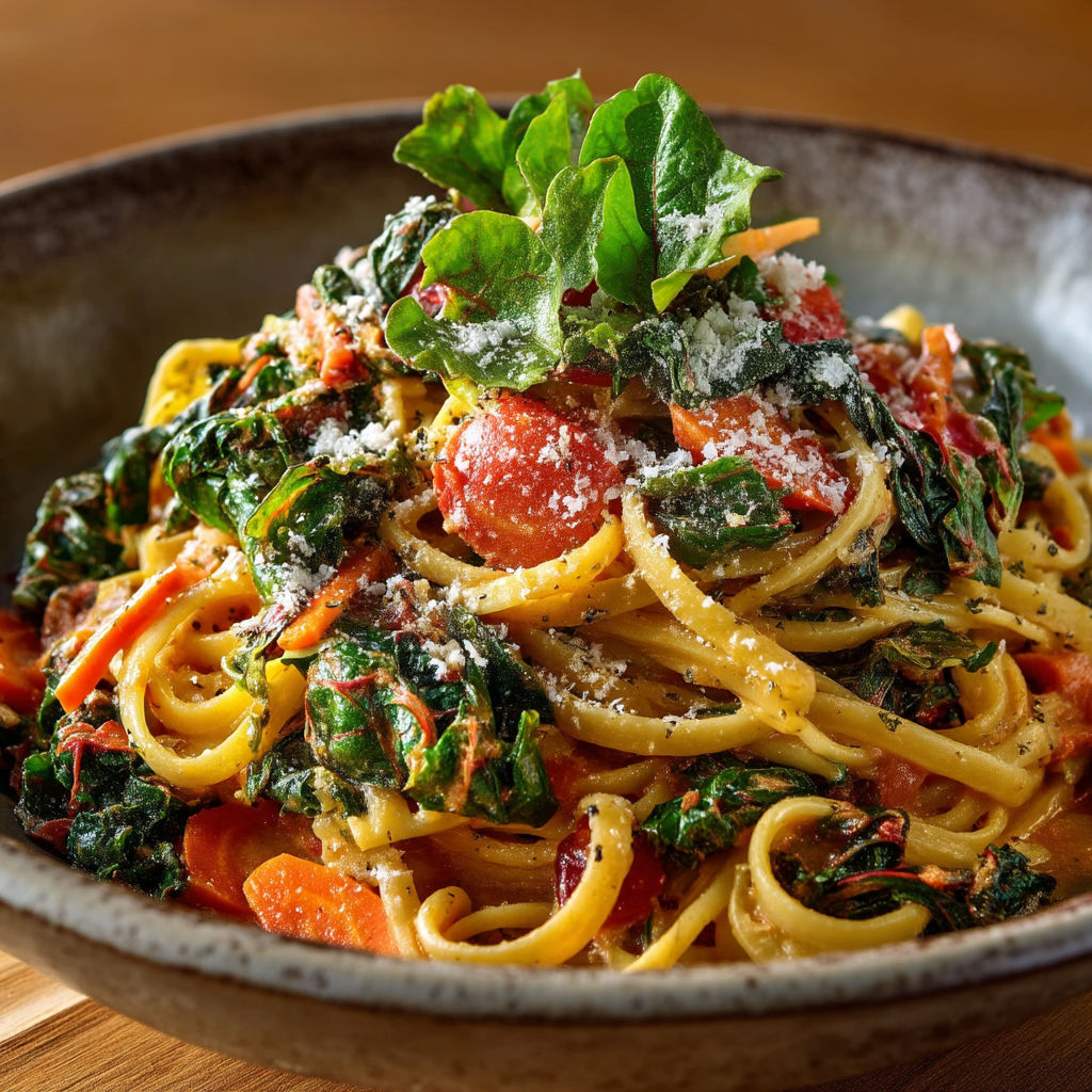 Une assiette de spaghetti avec des légumes et des tomates.