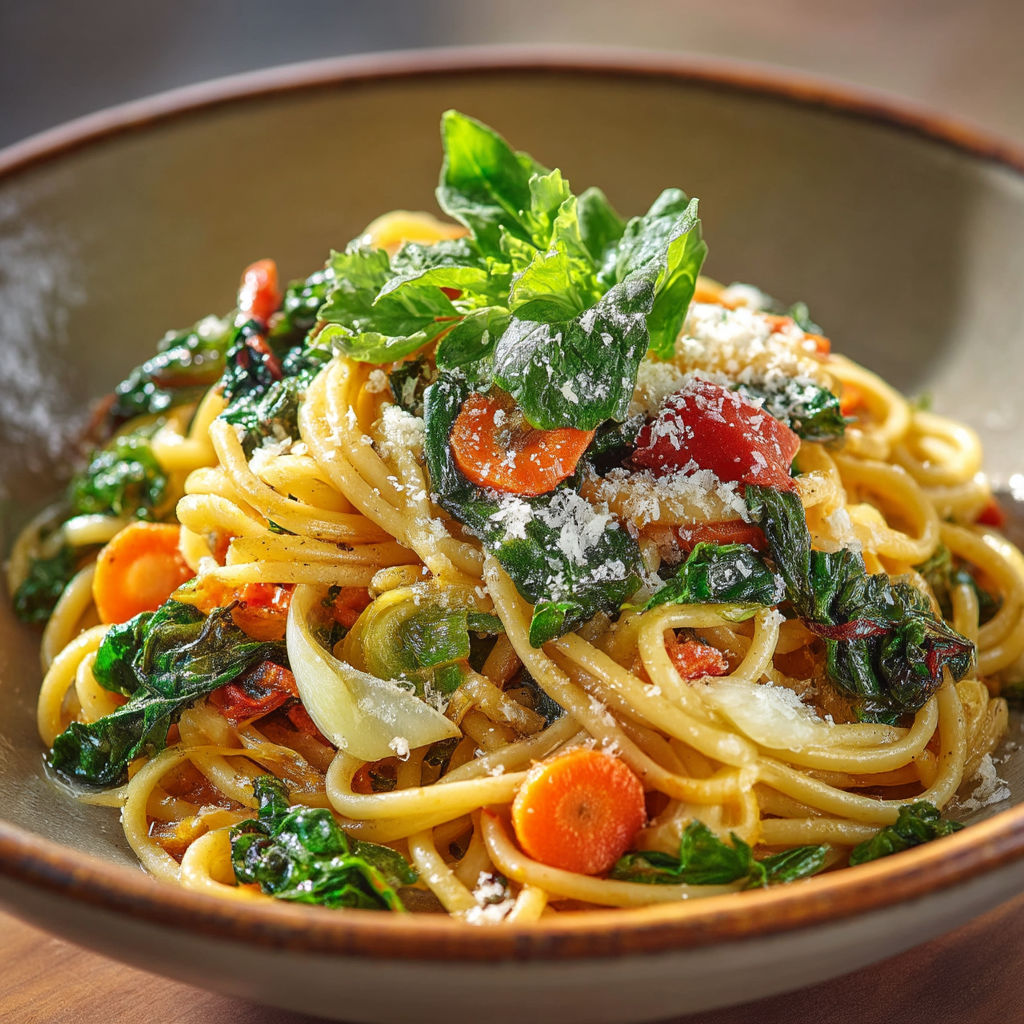 Une assiette de spaghetti avec des légumes et des carottes.