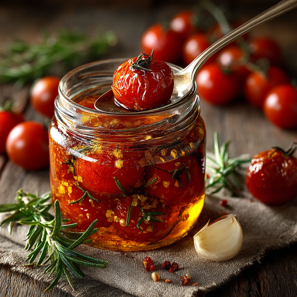 Bocaux de tomates confites à l'ail et au romarin.