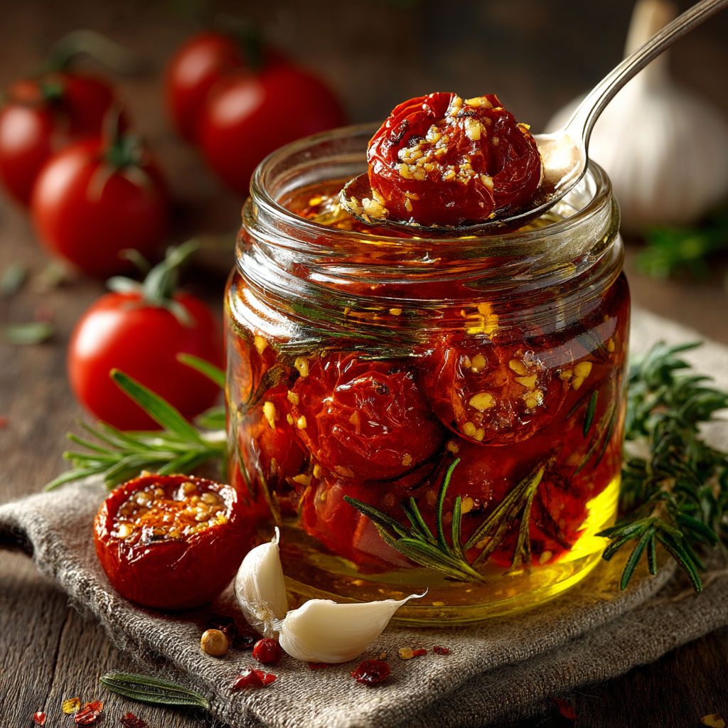 Bocaux de tomates confites à l'ail et au romarin.