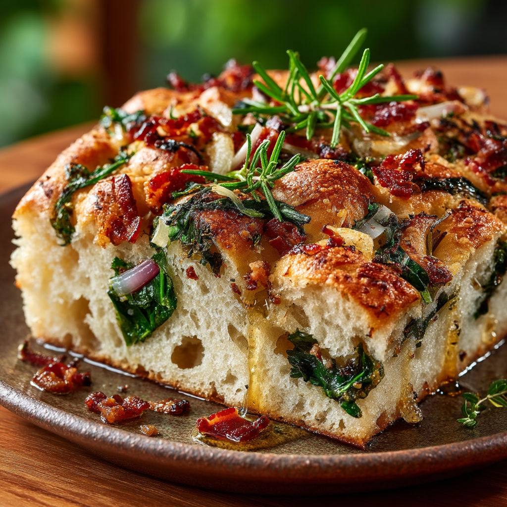 Une pizza avec des herbes et des légumes.