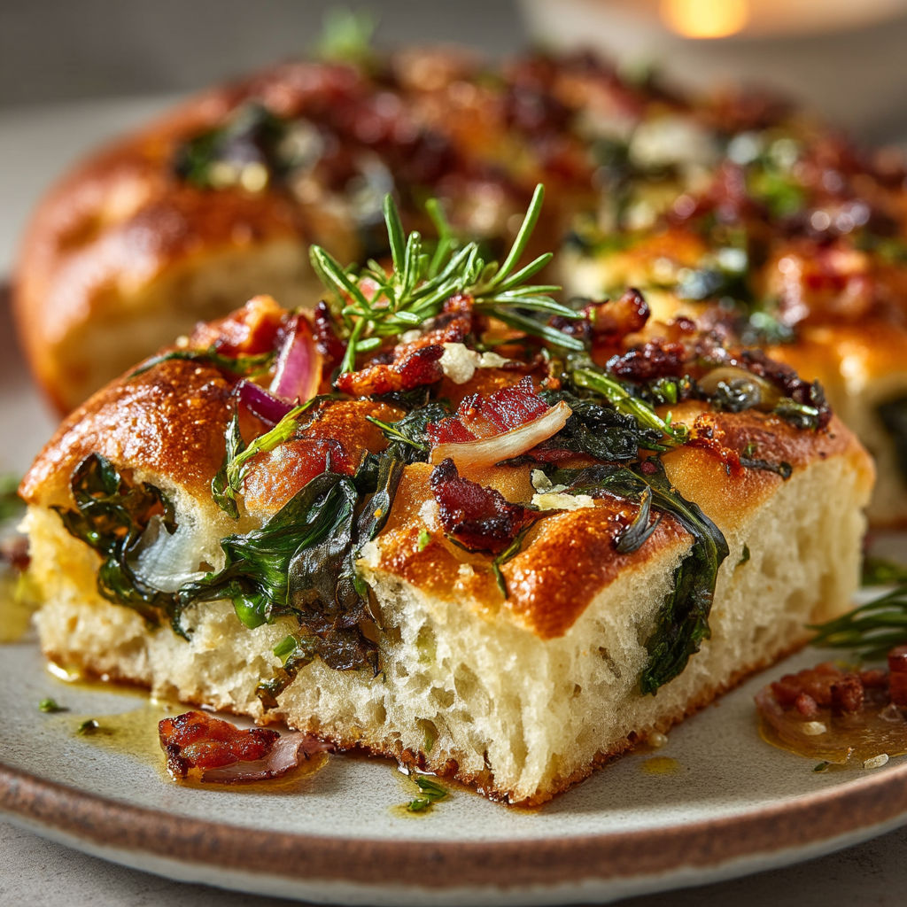 Une pizza avec des herbes et des légumes.