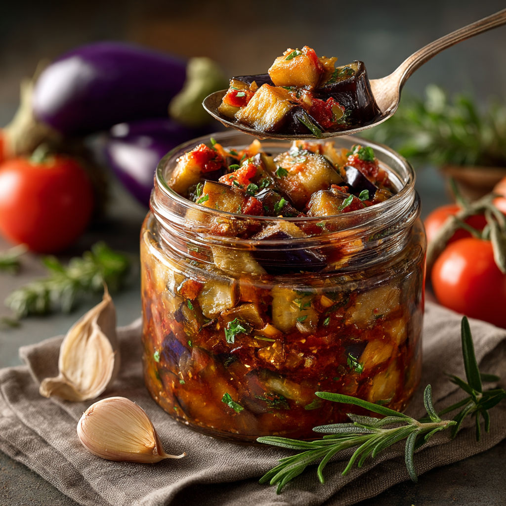 Une jarre contenant une sauce avec des légumes et des herbes.