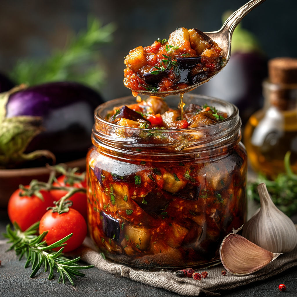 Une cuillère de sauce tomate est versée dans un pot de conserve.