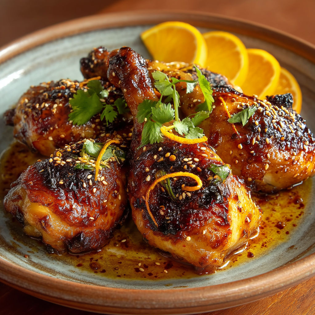 Chicken with orange slices and herbs.