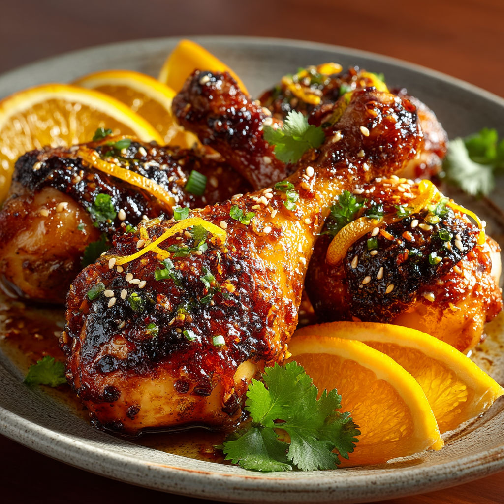 Chicken wings with orange slices and herbs.