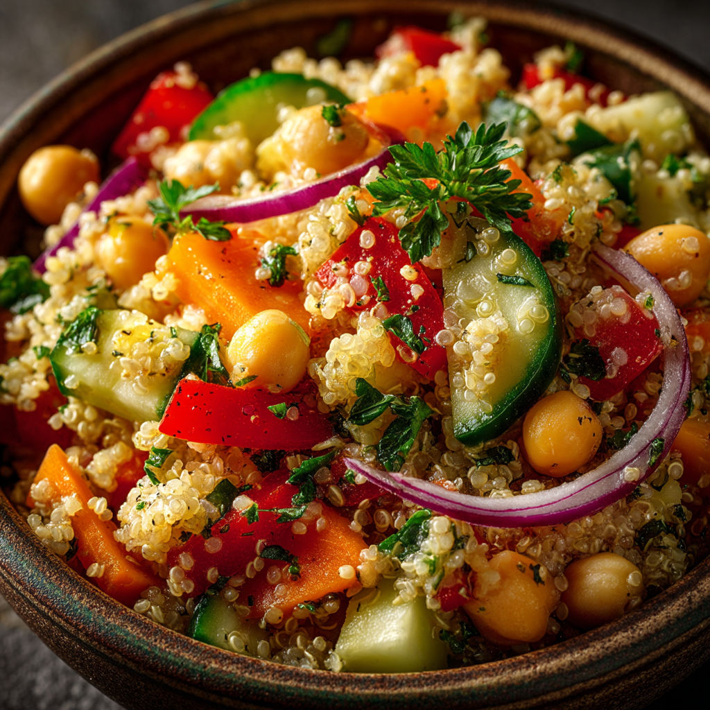 Une salade de couscous et de légumes colorés dans un bol.